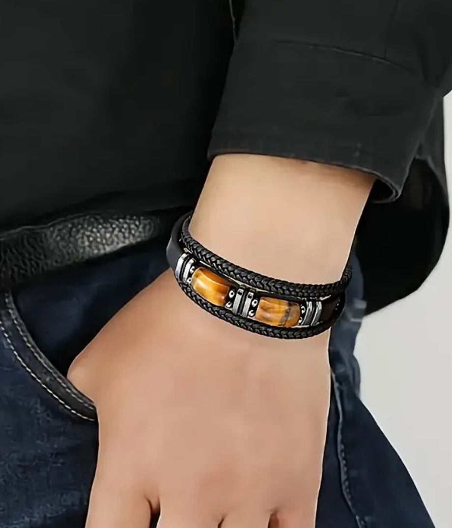 tiger eye and black leather bracelet