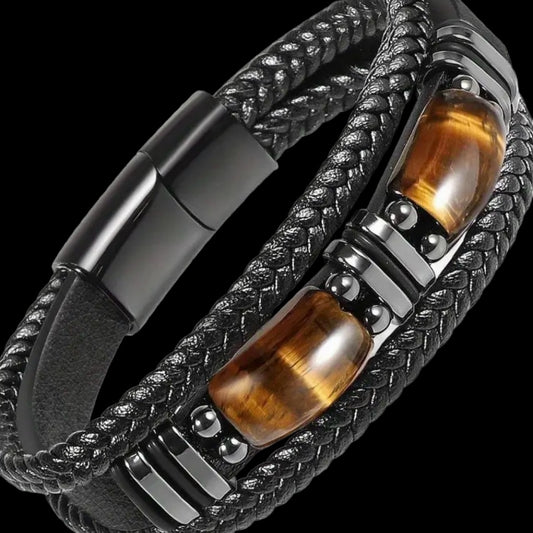 tiger eye and black leather bracelet
