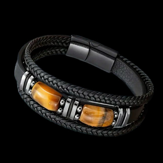 tiger eye and black leather bracelet